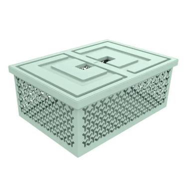 Imagem de Cesto Organizador com Tampa Verde Menta Caixa Plástica Grande Crippa Brinquedos Closet