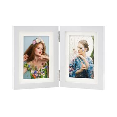 Imagem de SaZiCat Porta-retrato com dobradiça dupla, 12 x 18 cm, vidro temperado, mesa ou parede, para fotos de 10 x 15 x 18 cm (com/sem tapete), branco fosco, para fotos de família e memórias de casamento