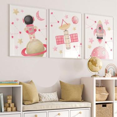 Imagem de Kit 3 Quadros Decorativos Astronauta Foguete Planeta Rosa Quarto Menin