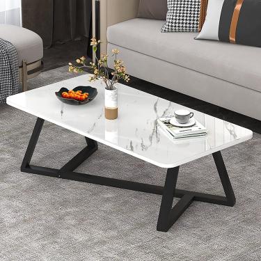 Imagem de Mesa de café de vidro, mesa de café retangular moderna e mesa de extremidade, mesa de mármore falsa com estrutura de base de metal preto, conjuntos de mesa de estar modernos para apartamento