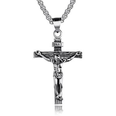 Imagem de coadipress Colar com cruz crucifixo para homens e mulheres Jesus Cristo no INRI crucifixo com pingente de cruz com corrente de aço inoxidável de 58 cm presentes cristãos, Middle, Aço inoxidável, Sem