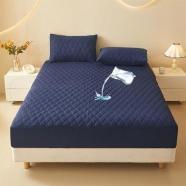 Imagem de Capa de colchão à prova d 'água acolchoada antiderrapante capa protetora de colchão de cor sólida, lavável - azul escuro | King: 180 x 200 cm (3 peças)