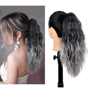 Imagem de ZIRANJUAN Grampo De Garra Cinza Cacheado Em Rabo Cavalo, Extensão Cabelo Sintético 16 Polegadas Aparência Natural, Adequado Para Uso Diário E Festas (Preto Misturado Com Cinza)