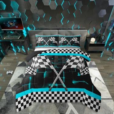 Imagem de Erosebridal Conjunto de edredom de carro de corrida para meninos, tamanho casal, verde menta, luzes neon, xadrez, para crianças, adolescentes, preto e branco, enchimento de edredom com bandeira de