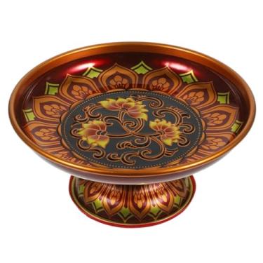 Imagem de Prato budista oferecendo tigelas comida sobremesa lanche frutas bandeja bênção tigela de folha de flandres para altar, prato de metal vermelho escuro para santuário, hindu, doces, incenso (15 cm)