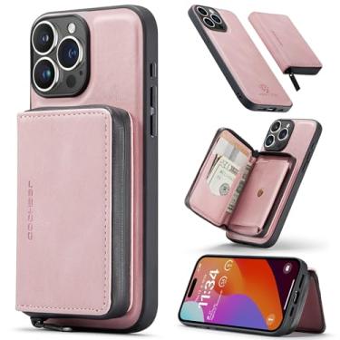 Imagem de Capa tipo carteira com porta-cartão para iPhone 15 Pro, capa magnética de couro 2 em 1 destacável, capa tipo carteira com zíper, capa à prova de choque para iPhone 15 Pro com carregamento sem fio(Pink