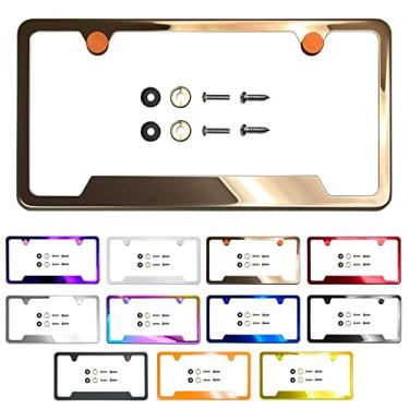 Imagem de Corte Inferior Moldura de Placa de Licença Espelho Ouro Rosa Cromado Galvanoplastia Universal Fit Alumínio Parafuso na Tampa, T304 Aço Inoxidável, À Prova de Ferrugem à Prova de Clima (Qtd: 1 Moldura)