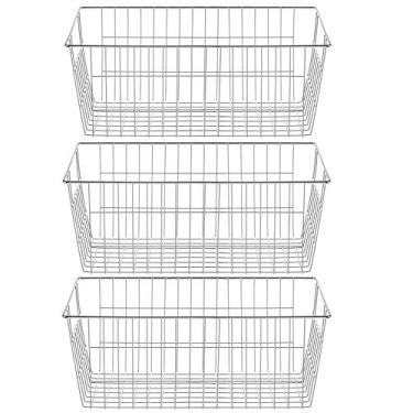 Imagem de Organizador de fazenda para decoração de cesto de metal grande organizador de alimentos com alças – para armários de cozinha, despensa, banheiro, lavanderia, armários, garagem, cromado, pacote com 3