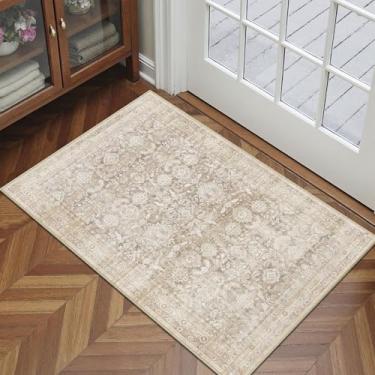 Imagem de WondRg Tapete de área neutra lavável 2x3 bege para entrada, antiderrapante, macio, fino, floral, durável, tapete moderno resistente a manchas para sala de estar, lavanderia, cozinha, escritório, sala