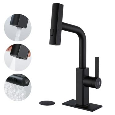 Imagem de BARROCK Torneiras de banheiro pretas com pulverizador de puxar, torneira de pia de vaso de banho de cachoeira de alça única com ralo pop-up e escudo para vaidade de 1 ou 3 furos, torneira pequena