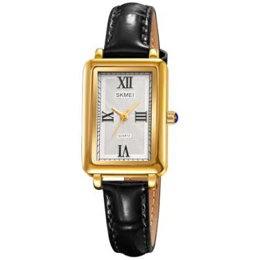 Imagem de Relógio social feminino casual quadrado de quartzo com pulseira de couro genuíno, Preto, dourado, 27mm