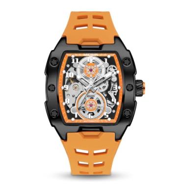 Imagem de MEGIR Relógio masculino mecânico automático, pulseira de silicone, caixa de liga de 43 x 50 mm, resistente à água 3 ATM, ponteiros luminosos, Laranja
