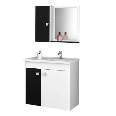 Imagem de Kit Banheiro Gabinete 56cm Pia E Armário Com Espelho Munique Branco-preto - Bechara