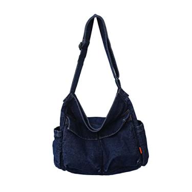 Imagem de Bolsa Hobo Multifuncional Bolsa Casual Alças Ajustáveis Bolsa Grande Jeans Masculina Bolsa de Ombro Durável para Viagem de Academia Aca, Azul escuro
