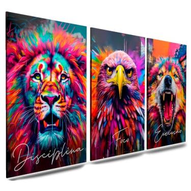 Imagem de Kit 3 Quadro Decorativo Sala Quarto Leão Águia Lobo Motivacional Disciplina Foco Execução (15)