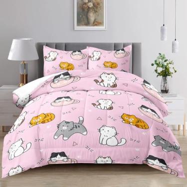 Imagem de Raphus cucullatus Conjunto de edredom de gato solteiro para meninas, edredom kawaii, para adolescentes, tamanho solteiro, fofo, rosa, para decoração de quarto