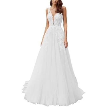 Imagem de Mulheres Vestidos De Noiva Princesa Vestido De Noiva Longo Linha A Tule Casamento Moda Vestido Civil, White, 36