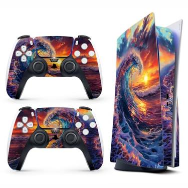 Imagem de Capa adesiva para PS5 - Great Wave, compatível com edição de disco e edição digital (não versão fina) - 2 capas de controle e capa de console - sem bolhas, proteção total, impermeável, removível