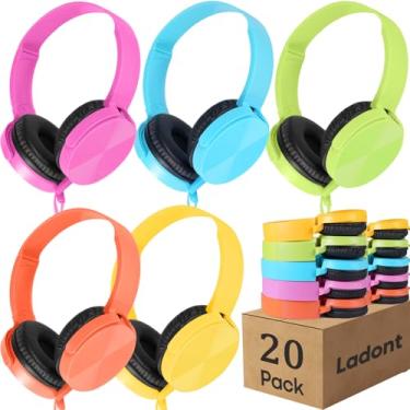 Imagem de Ladont Pacote com 20 fones de ouvido a granel para sala de aula, fones de ouvido infantis com fio para estudantes do ensino fundamental e médio, fones de ouvido acessíveis, multicoloridos com plugue