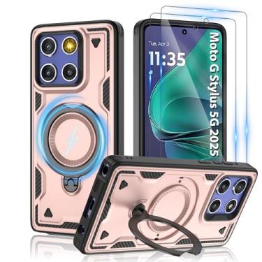 Imagem de Capa magnética para Motorola Moto G Stylus 5G 2025, compatível com MagSafe e [protetor de tela HD × 2], suporte giratório de metal, proteção anti-impressão digital à prova de queda de grau militar