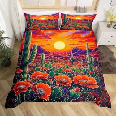 Imagem de Conjunto de capa de edredom de flores de papoula, tamanho casal, cacto tropical, deserto ocidental, pôr do sol, decoração de quarto de meninos e meninas, capa de edredom rústica com plantas botânicas