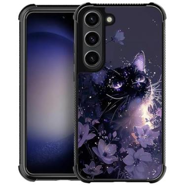 Imagem de Punmada Compatível com Samsung Galaxy S23 Mobile Case Creative Acrylic Back Panel Silicone Protection Grip Especialmente projetada para Samsung Galaxy S23 Firefly Purple Flower Bush Cat