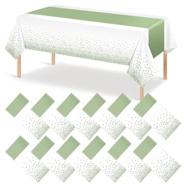 Imagem de 12 peças de decoração de toalha de mesa branca e verde sálvia, toalha de mesa de plástico branca impressa verde para mesa retangular descartável para aniversário, casamento, aniversário, festa de