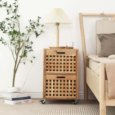 Imagem de Móveis criativos de madeira maciça - mesa de centro para sala de estar, mesa de cabeceira de quarto. Decoração de casa elegante e simples em estilo nórdico (armário de duas gavetas com rodas)