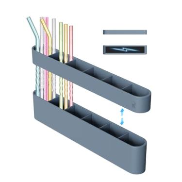 Imagem de UMUST Suporte magnético de canudo para geladeira, organizador de dispensador de canudo reutilizável de silicone, pode se mover livremente e ajustar a altura, para geladeira de cozinha (azul magnético)