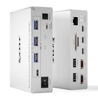 Imagem de KCEVE Estação de ancoragem USB C 15 em 1, interruptor KVM USB 3.0, 2 laptops, 2 monitores 4K a 60Hz, 2 portas USB-C MST, saída HDMI dupla, PD de 80 W, 5 Gbps, Gigabit Ethernet, cartão TF/SD, controle