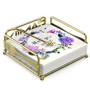 Imagem de Porta-guardanapos para mesa, dispensador de guardanapos plano com braço pesado, suporte quadrado de papel de coquetel de ferro rústico elegante para decoração de cozinha sala de jantar restaurante