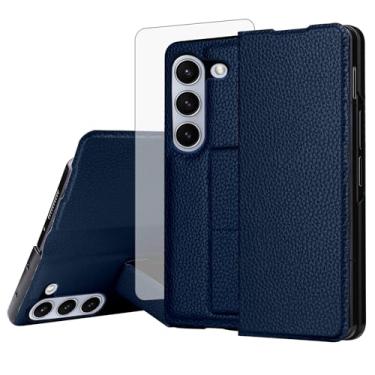 Imagem de Furiet Capa de telefone para Samsung Galaxy Z Fold 6 5G 2024 com protetor de tela de vidro temperado alça de pulso embutida antiderrapante fina couro PU suporte à prova de choque para ZFold6 Z6 G