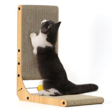 Imagem de FUKUMARU Arranhador para gatos, 40 cm, em forma de L, arranhador vertical para gatos montado na parede, papelão arranhador com bola, brinquedo para gatos em ambientes internos