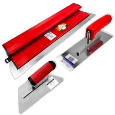 Imagem de Desempenadeira Berox Aço Inox 60cm Compel + Trapézio Com Lisa Para Efeitos Para Massa Corrida Profissional Kit