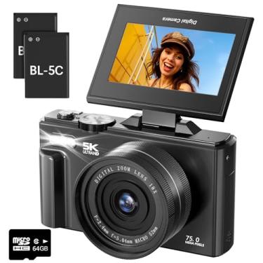 Imagem de Câmera digital 5K para fotografia – Câmera vlogging de foco automático de 75 MP para YouTube com cartão SD de 64 GB, WiFi, zoom 18X 7.6 cm 180°, câmera de viagem compacta com 2 baterias para