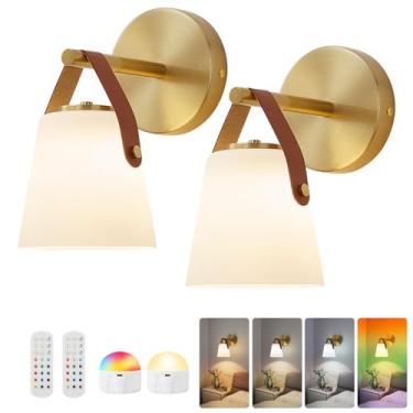 Imagem de Weaboopre Arandelas de parede de vidro fosco operadas por bateria, conjunto de dois, lâmpada de parede recarregável, temperatura de 3 cores e 12 cores RGB, sem fio, alimentada por bateria para quarto