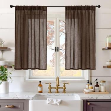 Imagem de BGment Cortinas de linho de 101 cm de comprimento para janela curta, semi cortinas marrons pequenas para cozinha, café, sobre a pia, decoração de banheiro, leve, rústico, country texturizado, bolso