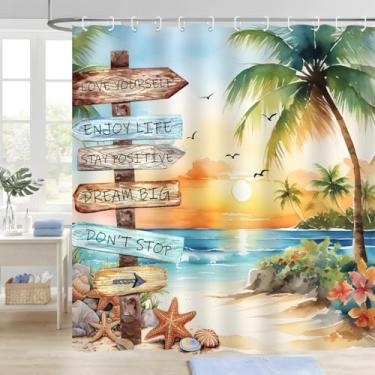 Imagem de BIYSUC Cortina de chuveiro tropical praia palmeira verão litoral oceano náutico citações pôr do sol decoração de banheiro pano de tecido de poliéster à prova d'água 182 x 182 cm com 12 peças ganchos