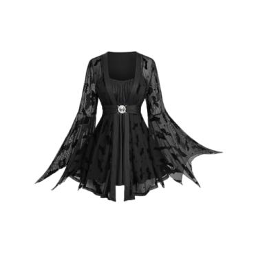 Imagem de Rosegal camiseta feminina plus size fantasia de Dia das Bruxas, blusa gótica, malha de crânio, com cadarço, manga de sino, ombro vazado, Preto, 3X