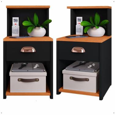 Imagem de Kit 2 Mesas de Cabeceira Cléo Preto/Cinamomo 1 Gaveta Puxador Concha Nicho Prateleira Suspensa Lateral Cama Box Quarto - Lojas RPM