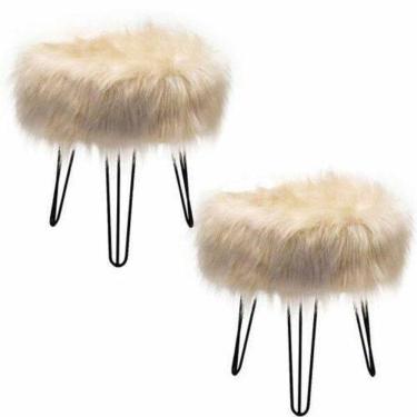 Imagem de Puff Magnus Redondo Pelúcia Bege Pés Castanho 2 Peças
