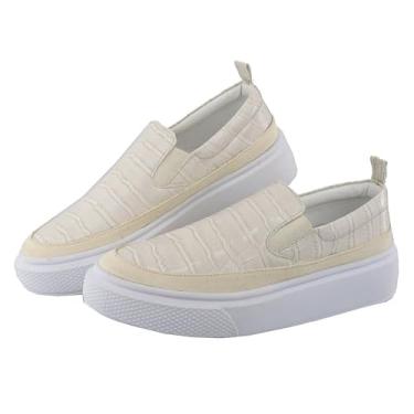 Imagem de Slip On Tenis Feminino Calce Facil Acabamento Animal Print Croco Palmilha Anatomica Puxador Traseiro Tamanho:37;Cor:Bege;Gênero:Feminino;Departamento BS:Esporte