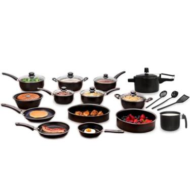 Imagem de Jogo de Panelas Antiaderente 17 Peças com Panela de Pressão, Tampas de Vidro e Cabos Ergonômicos – Alumínio, Fácil Limpeza e Design Moderno Preto