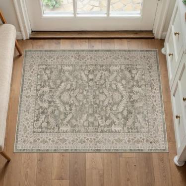 Imagem de PureCozy Tapete de entrada marrom 2x3 vintage tapete de área interna cozinha lavável tapete de entrada pequena pilha baixa tradicional envelhecida retro acento tapete antiderrapante escritório