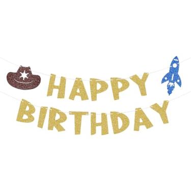 Imagem de Decoração de aniversário de brinquedo com glitter faixa de feliz aniversário (ouro)