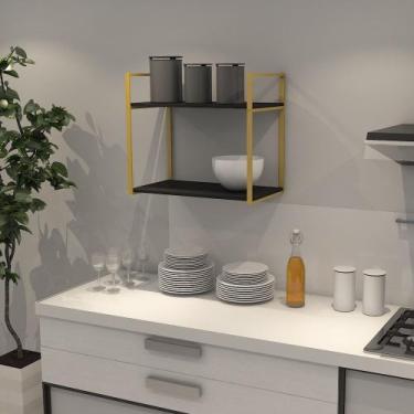 Imagem de Prateleira Industrial Parede ou Suspensa Dourada Aço e Madeira 50x40x6