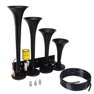 Imagem de GAMPRO Buzina de ar com 4 trompetes com válvula eletrônica, tubo de poliuretano de 3 m para qualquer veículo elétrico de 12 V 24 V, caminhões, carro, quadriciclo, SUV (preto, A)