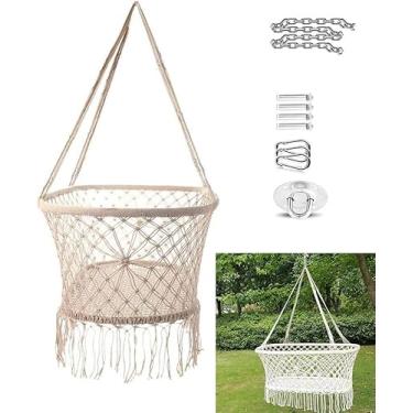 Imagem de Berço Pendurado Em Macramê Algodão Tecido Corda Balanço Cadeira De Pátio Para Bebê Para Criança Bege Corda De Algodão Tecida Decoração De Berçário Menina, White, With accessories