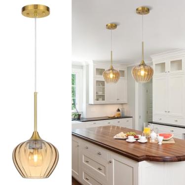 Imagem de QianZhan Luzes pendentes de vidro âmbar de 17,8 cm para ilha de cozinha, luminárias pendentes ajustáveis modernas vintage dourado candeeiro de teto para sala de jantar, casa de banho, quarto