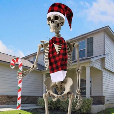 Imagem de 3 peças de acessórios de fantasia de esqueleto de 3,6 m, incluindo chapéu de Papai Noel gigante de Natal, cachecol inflável de Natal, bengala doce, esqueleto, decoração de fantasia de esqueleto de